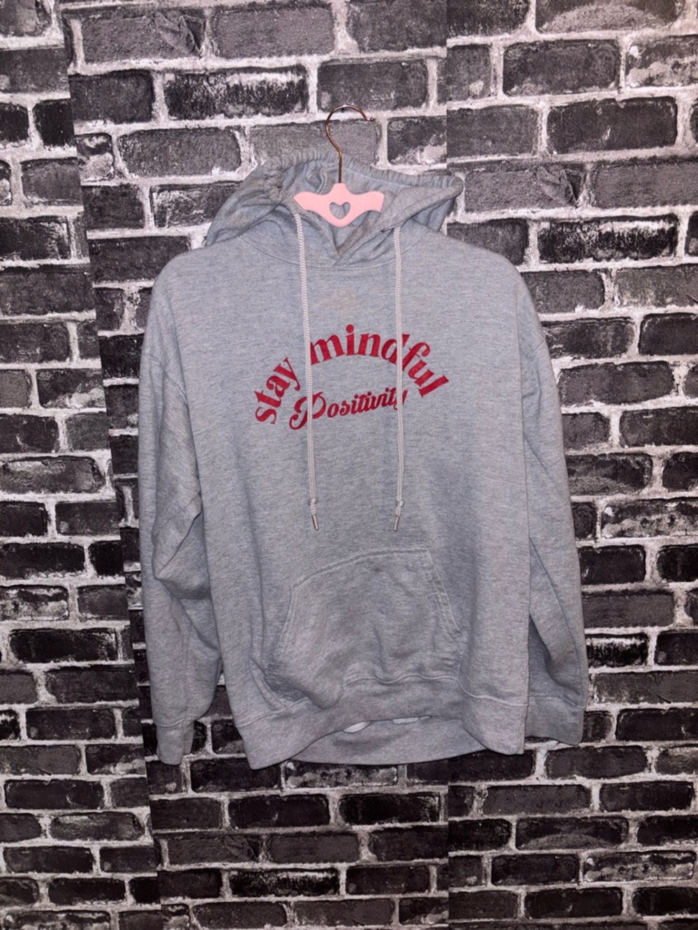 Boohoo Light Gray Crewneck Hoodie with Red Script Graphic